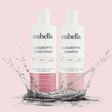 Load image into Gallery viewer, Erabella Hairgrowth Shampoo and Conditioner Bundle for thicker, fuller hair in a splash of water.