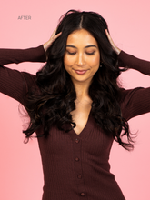 Load image into Gallery viewer, Clip-in Dark Brown Hair Extensions after front hands up