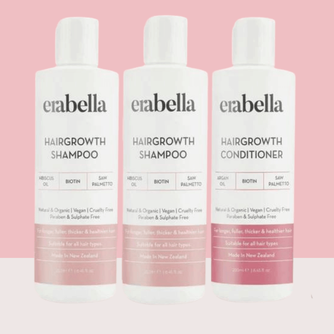 Erabella Growth Trio Bundle featuring thickening shampoo and conditioner for healthy, fuller hair.