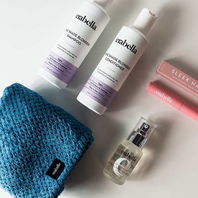 purple shampoo, purple conditioner, hair towel, hair wand, hair oil