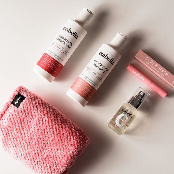 Pink hair towel, Hairgrowht shampoo, hairgrowth conditioner, hair oil, hair wand