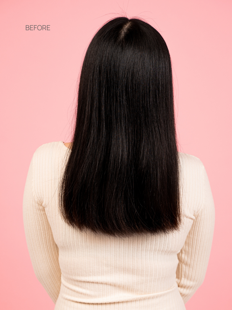 Tape- in Jett Black Hair Extensions before back